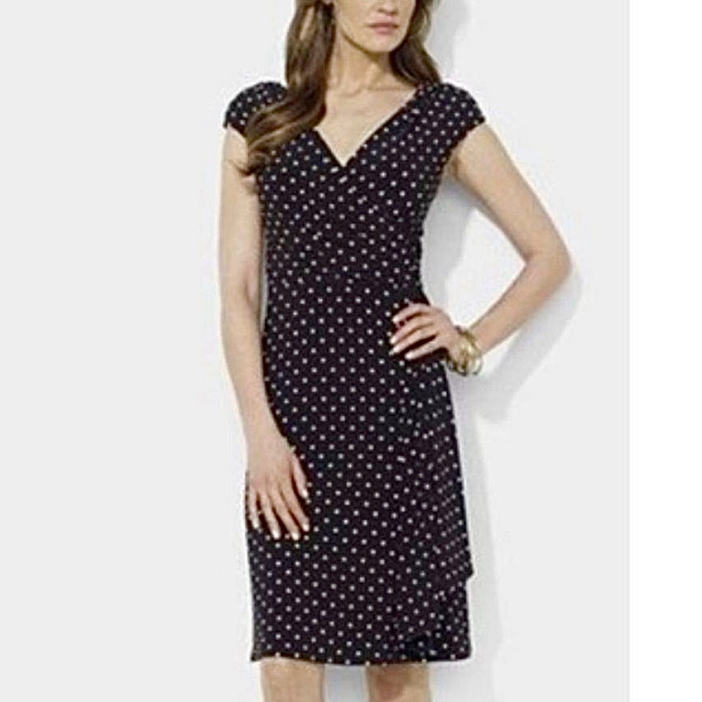 Ralph Lauren Black White Polka Dot Faux Wrap Sleeveless Stretch Dress Size‎ 12